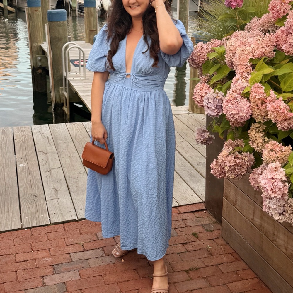 Blue Tie-Front Textured Maxi Dress Abercrombie